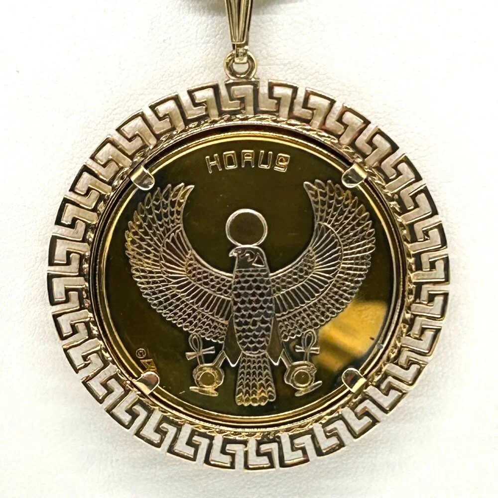 Tutankhamun Gold-tone Coin Pendant Necklace Egyptian Symbols & Greek Key Border - Picture 5 of 14